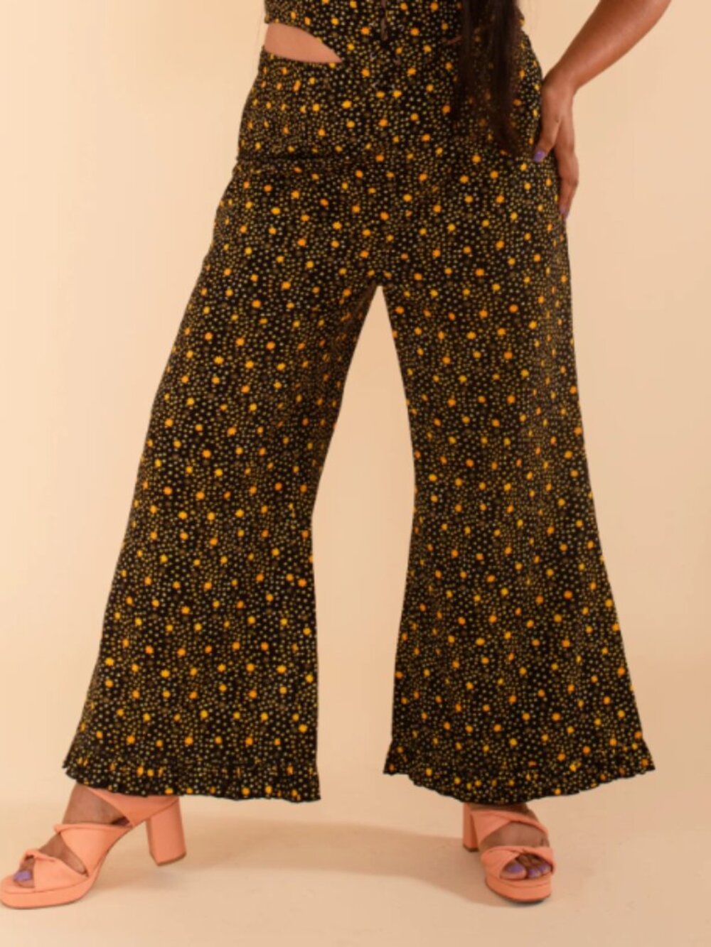 Samantha Pleet Black Wide Leg Pants with Yellow Dot Print